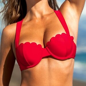 Bust Enhancing Scalloped Glow Red Bikini Top Only SZ Small 4 6